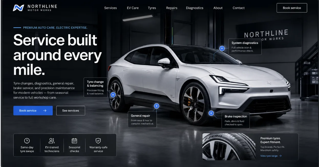 Concept design for an auto-service website with booking and service diagnostics