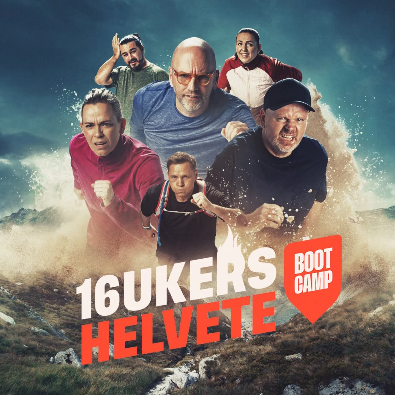 Reklameplakat for 16 ukers helvete — seks kjendiser løper gjennom en støvstorm