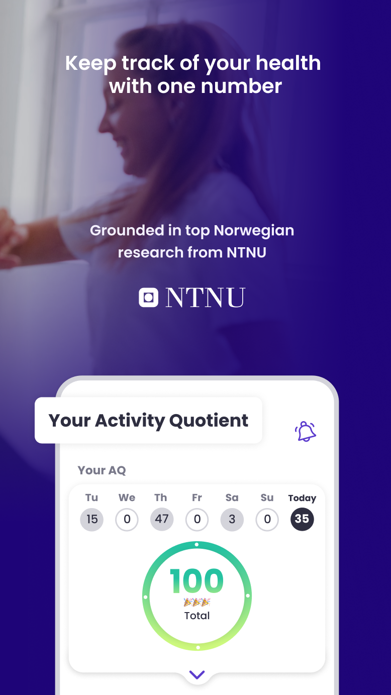 MiaHealth-appskjerm med AQ-score og NTNU-forskningskredibilitetsbadge
