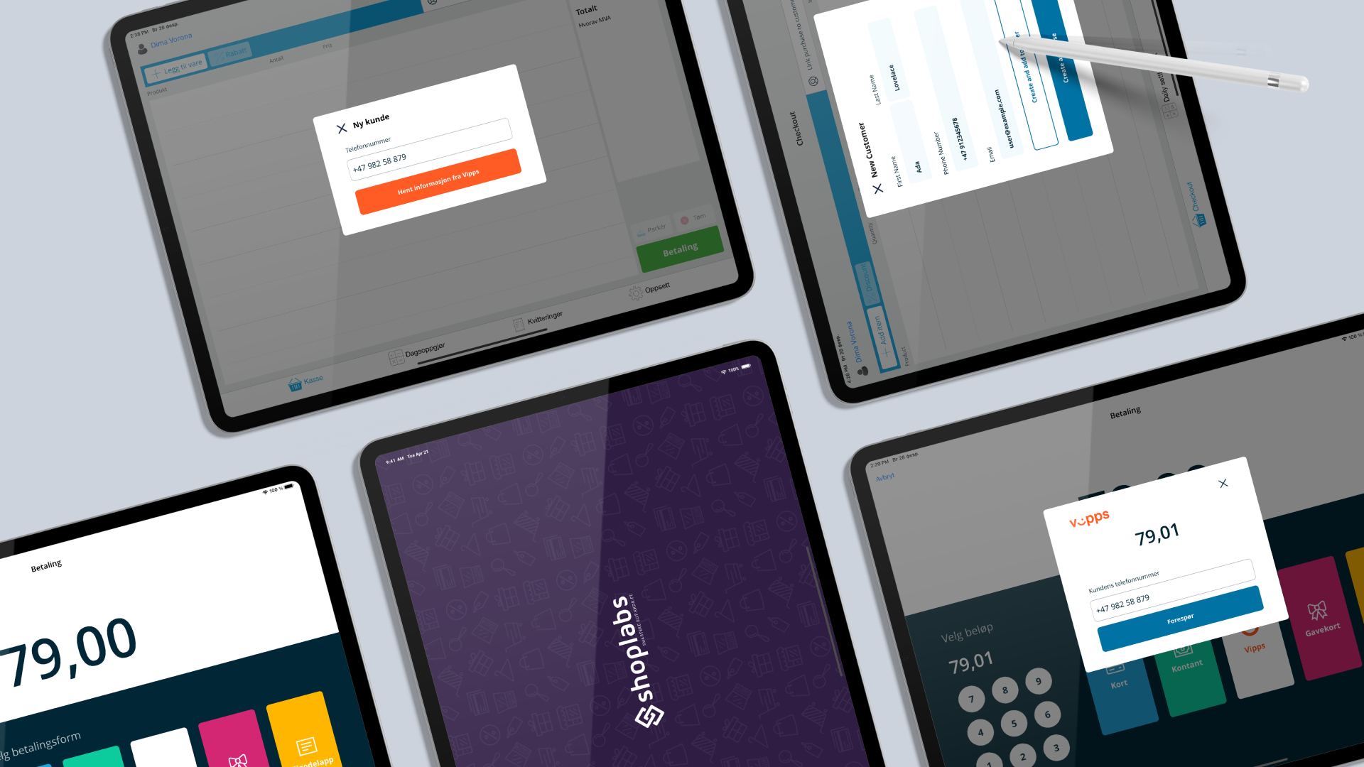 Flere iPader som viser Shoplabs-kasseskjermer — kasse, ny kunde og Vipps-betaling